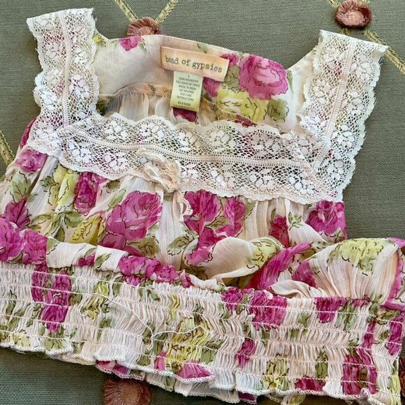Band of Gypsies Top Y2K Crop Floral & Lace Purple Pink Beige Green Retro (S) - Picture 5 of 8